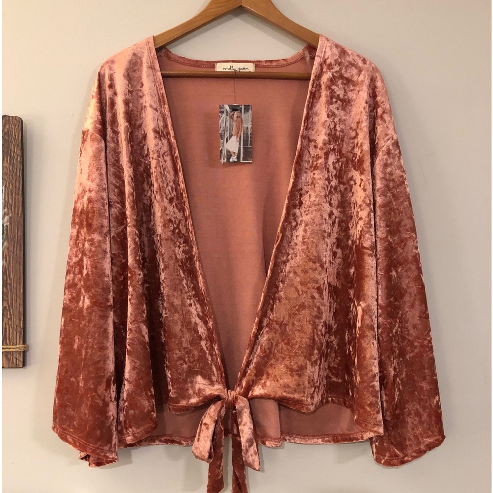 Molly Green Mauve Pink Velvet Tie Front Cropped Kimono - S, M